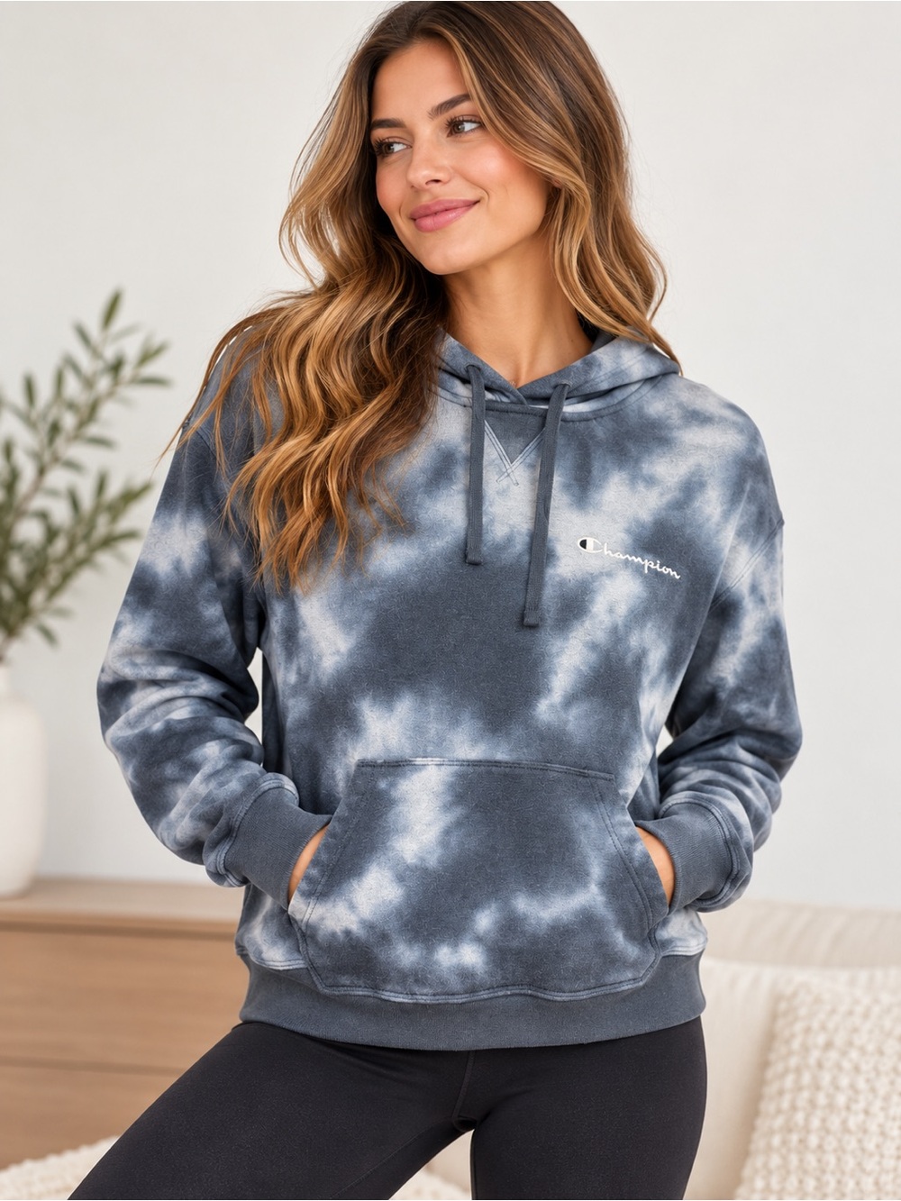 Champion Dark Grey Tie-Dye Fleece Pullover Hoodie Embroidered Logo Size M